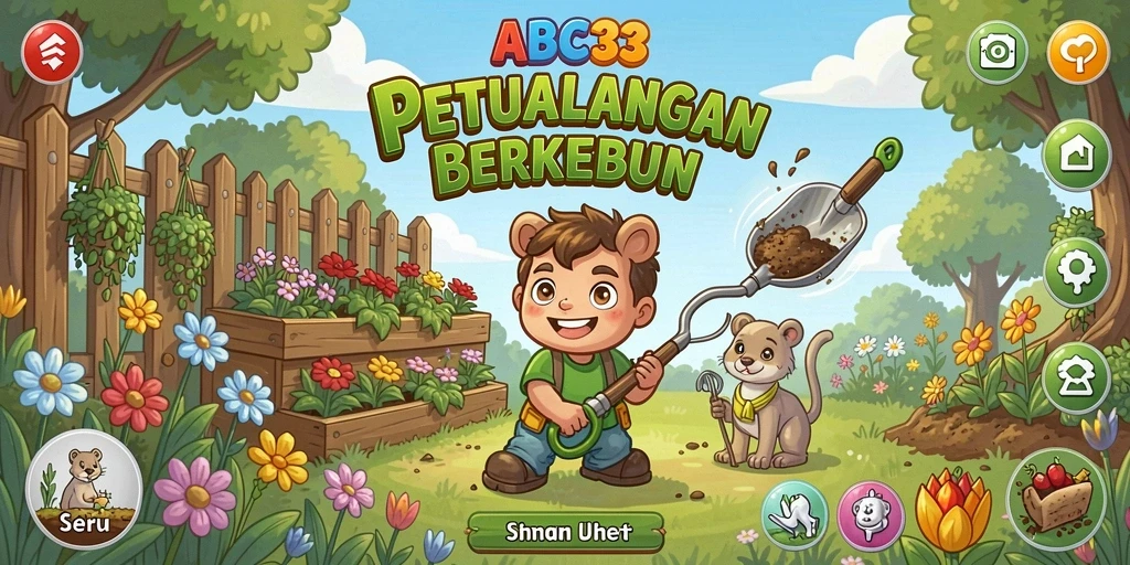 Screenshot gameplay ABC33 menampilkan petualangan berkebun yang seru dan interaktif.