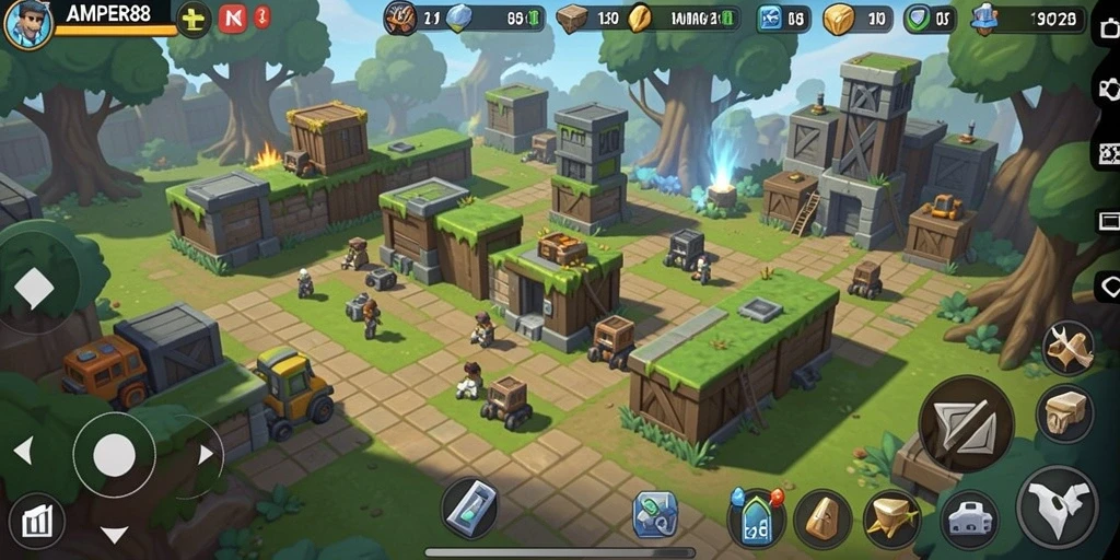 Tangkapan layar gameplay AMPER88 menunjukkan menara bertahan melawan serangan musuh.