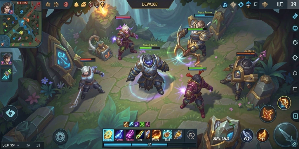 Gameplay DEWI288 yang penuh aksi dan strategi MOBA.
