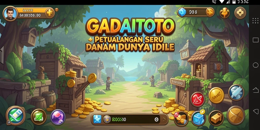 Tampilan gameplay seru di GADAITOTO, semua karakter aktif mengumpulkan sumber daya.