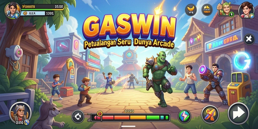 Screenshot utama GASWIN menampilkan gameplay seru dalam arena Arcade.