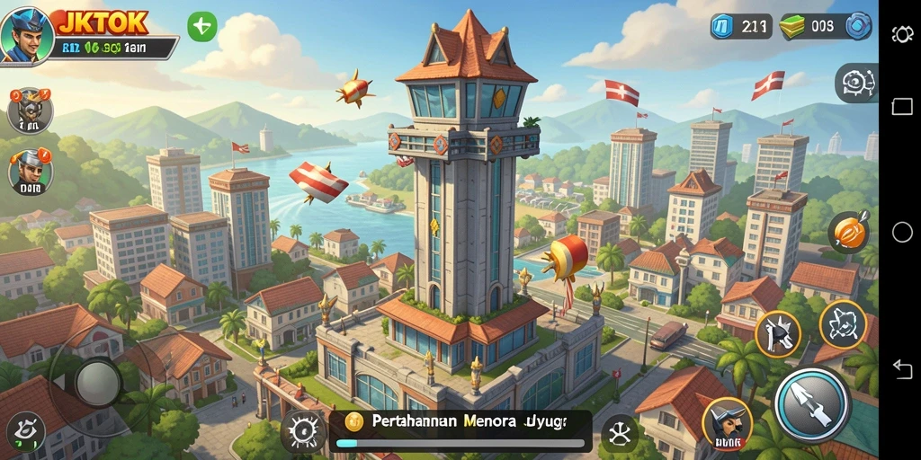 Screenshot utama JKTOK menampilkan aksi pertahanan menara yang seru.
