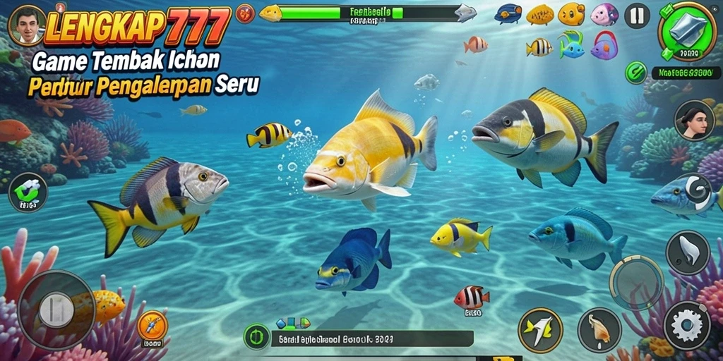 Tampilan gameplay seru di LENGKAP777 dengan berbagai ikan dan senjata.