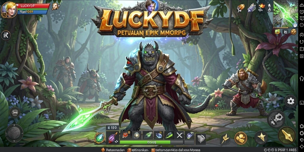 Screenshot gameplay <strong>LUCKYDF</strong> yang menunjukkan pertarungan epik di dunia fantasi.