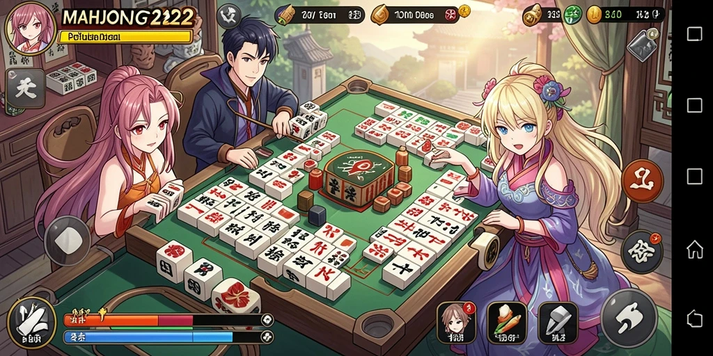Screenshot utama MAHJONG222 menampilkan karakter anime yang ceria dan gameplay seru.