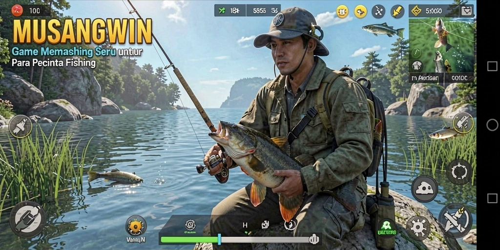 Screenshot gameplay MUSANGWIN menunjukkan aksi seru saat memancing.
