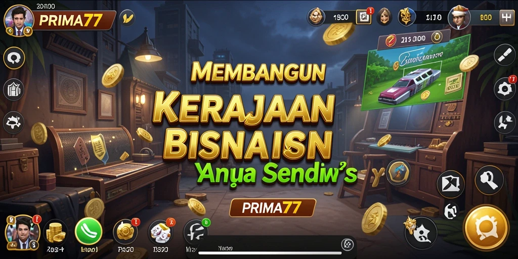 Tampilan layar utama PRIMA77 menunjukkan interaksi dinamis dalam mengelola bisnis Tycoon.