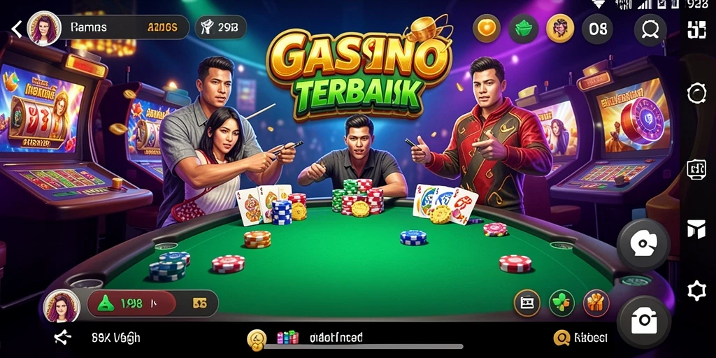 Tangkapan layar gameplay V98 menampilkan suasana kasino yang hidup dan interaktif.